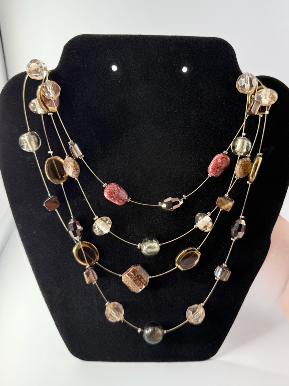 Multistrand Glass Bead Necklace in Brown and Rose